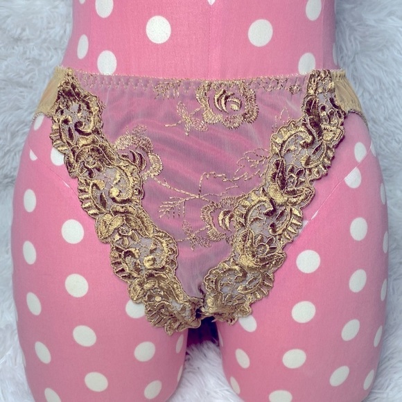 Rare Victoria’s Secret vintage pink & gold lace & mesh floral bra & panty set - Picture 4 of 11